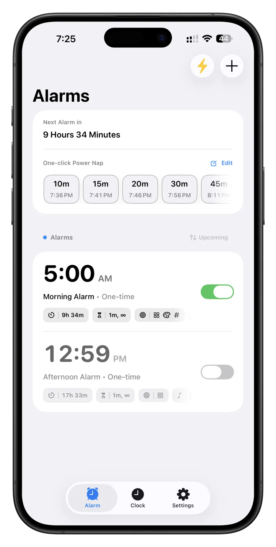 A ProAlarm alarm list showing snooze limits and mission settings