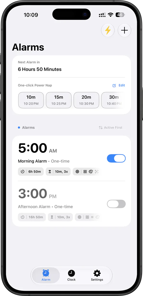 The ProAlarm alarm list showing the next alarm, power nap presets, and two scheduled alarms